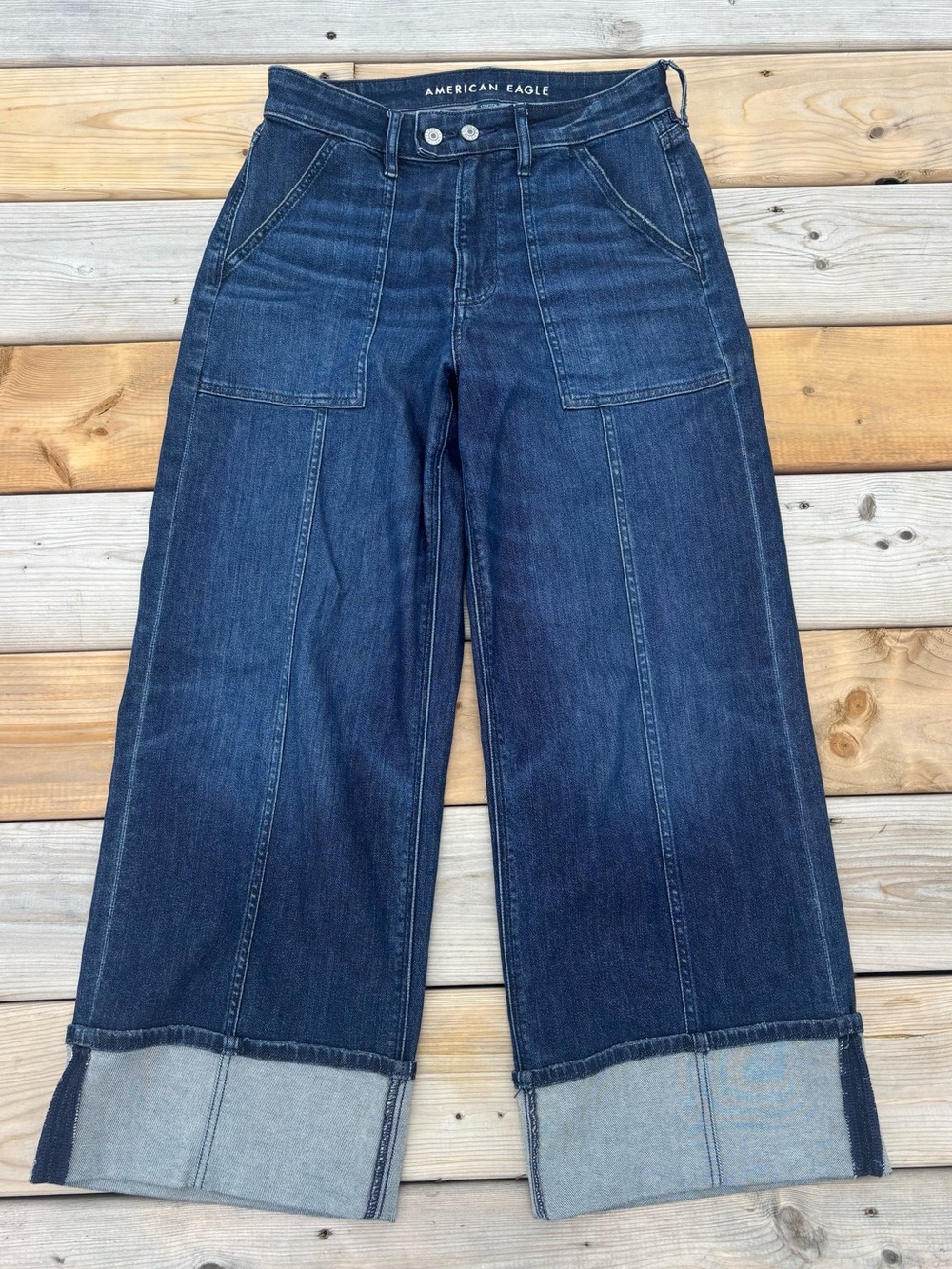 American Eagle Outfitters Dark Blue Wide-Leg Cropped Denim Jeans